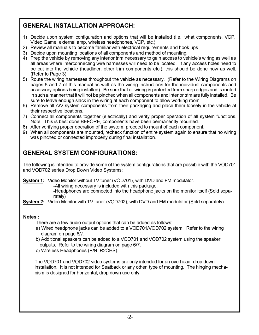 Audiovox VOD702, VOD701 manual General Installation Approach, General System Configurations 