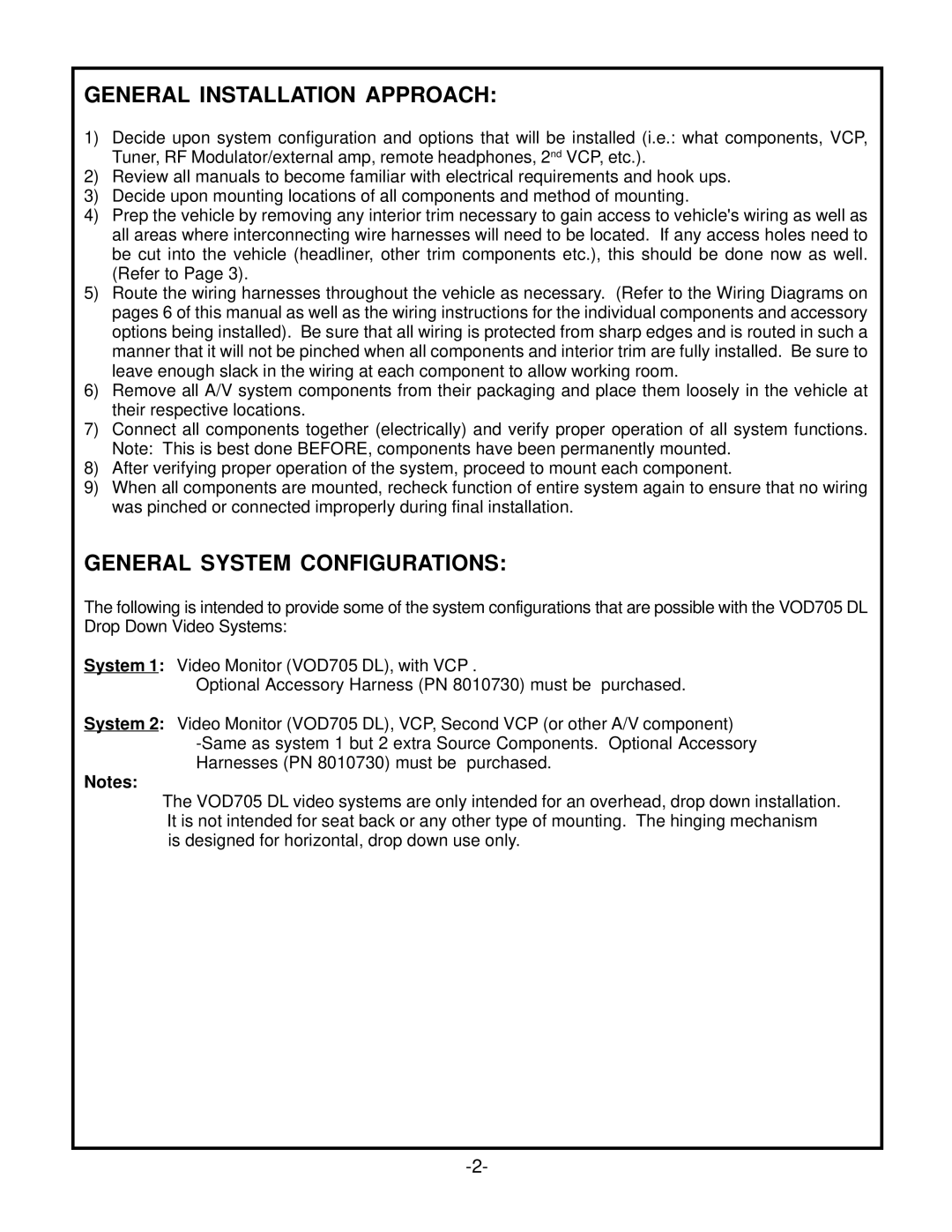 Audiovox VOD705 owner manual General Installation Approach, General System Configurations 