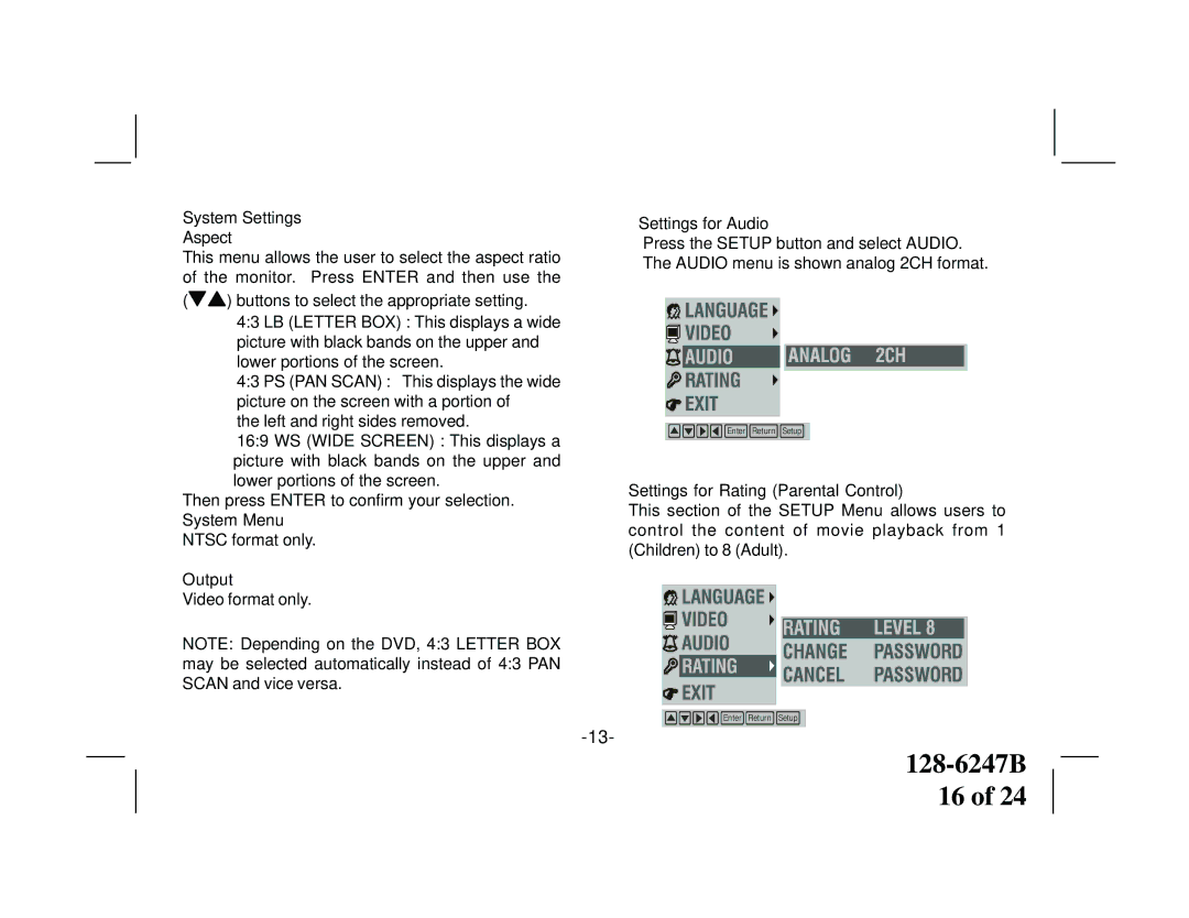 Audiovox VOD705DLS, VOD705DLP System Settings Aspect, Output, Settings for Audio, Settings for Rating Parental Control 