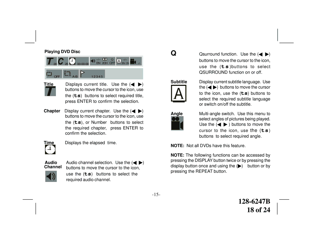 Audiovox VOD705DLS, VOD705DLP manual Playing DVD Disc, Audio, Channel, Subtitle, Angle 