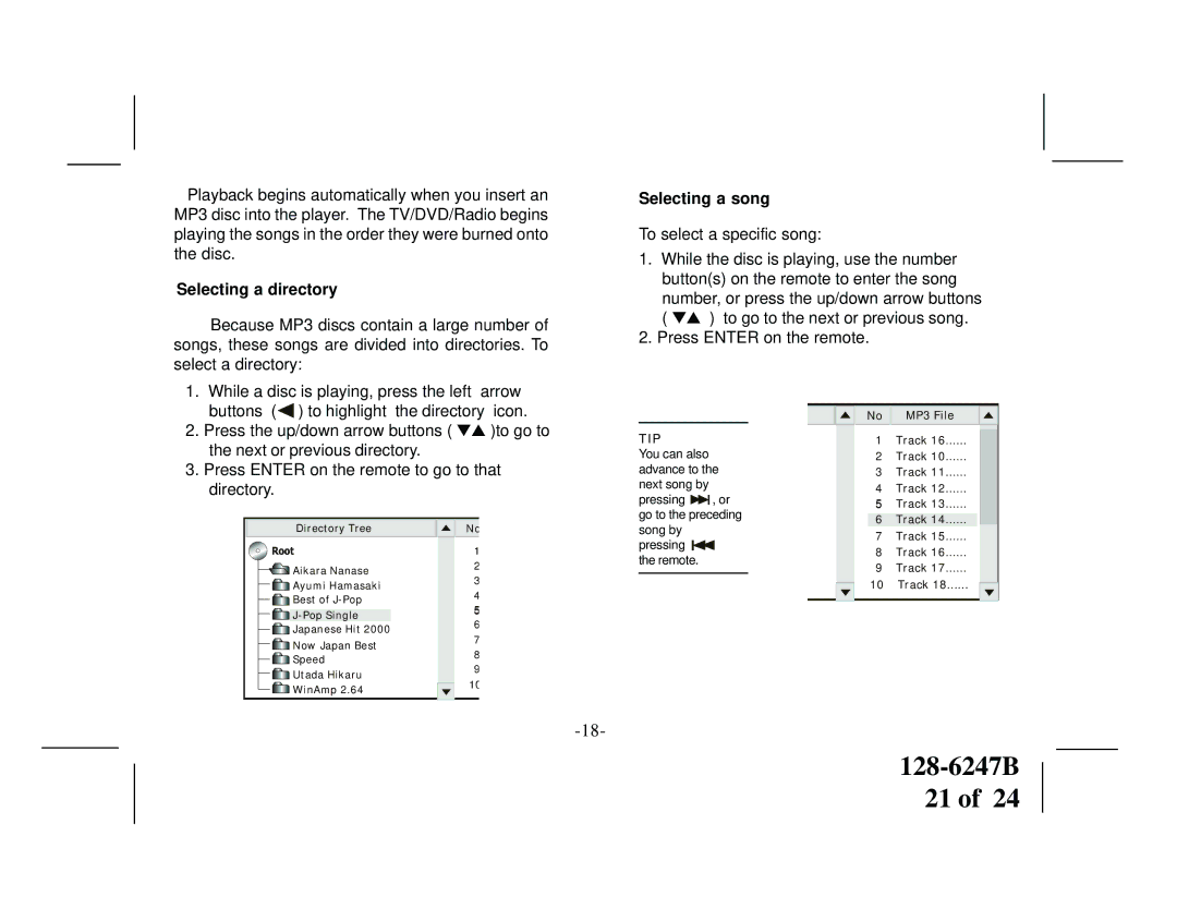 Audiovox VOD705DLS, VOD705DLP manual Selecting a directory, Selecting a song 