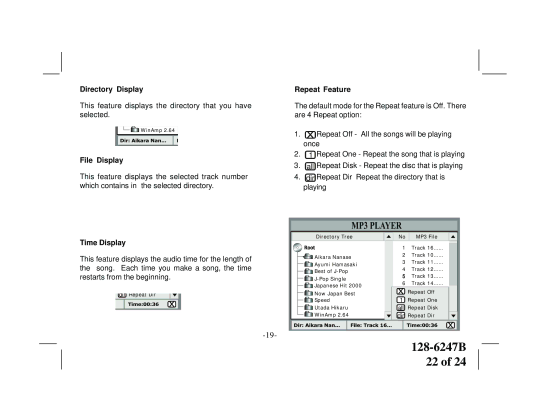 Audiovox VOD705DLS, VOD705DLP manual Directory Display, File Display, Repeat Feature, Time Display 