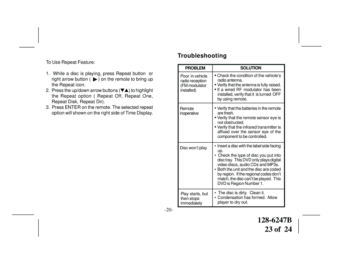 Audiovox VOD705DLP, VOD705DLS manual Troubleshooting, Problem Solution 