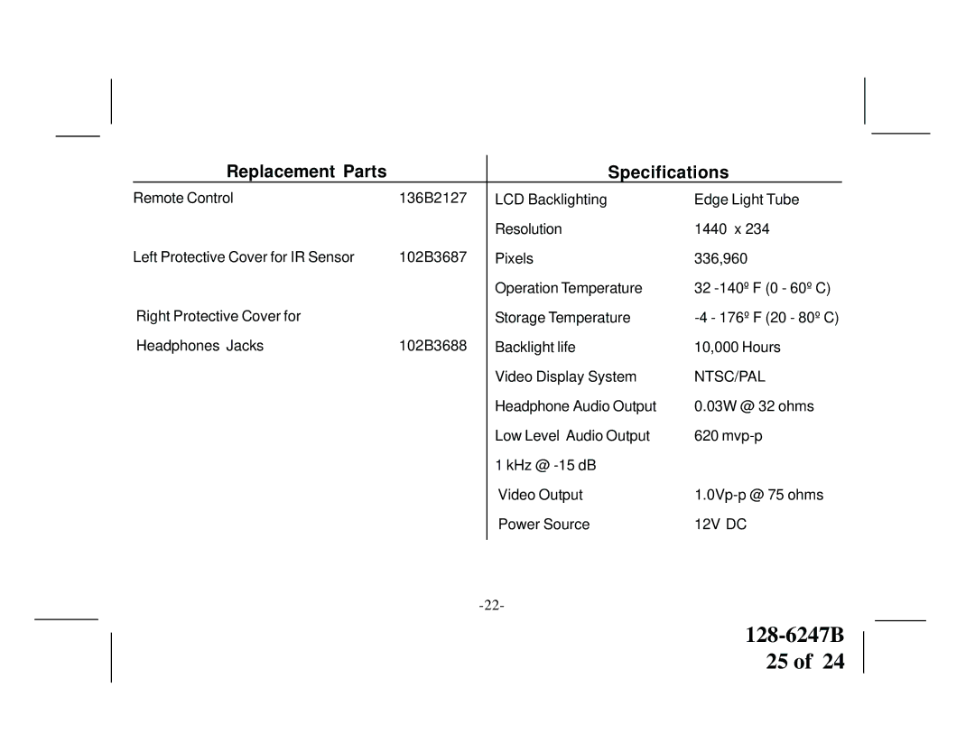 Audiovox VOD705DLS, VOD705DLP manual Replacement Parts Specifications, Ntsc/Pal 