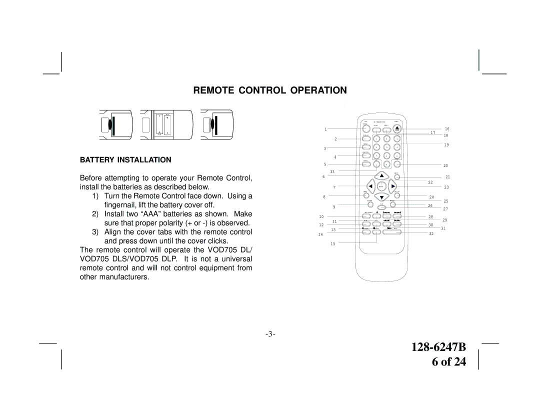 Audiovox VOD705DLS, VOD705DLP manual Remote Control Operation 