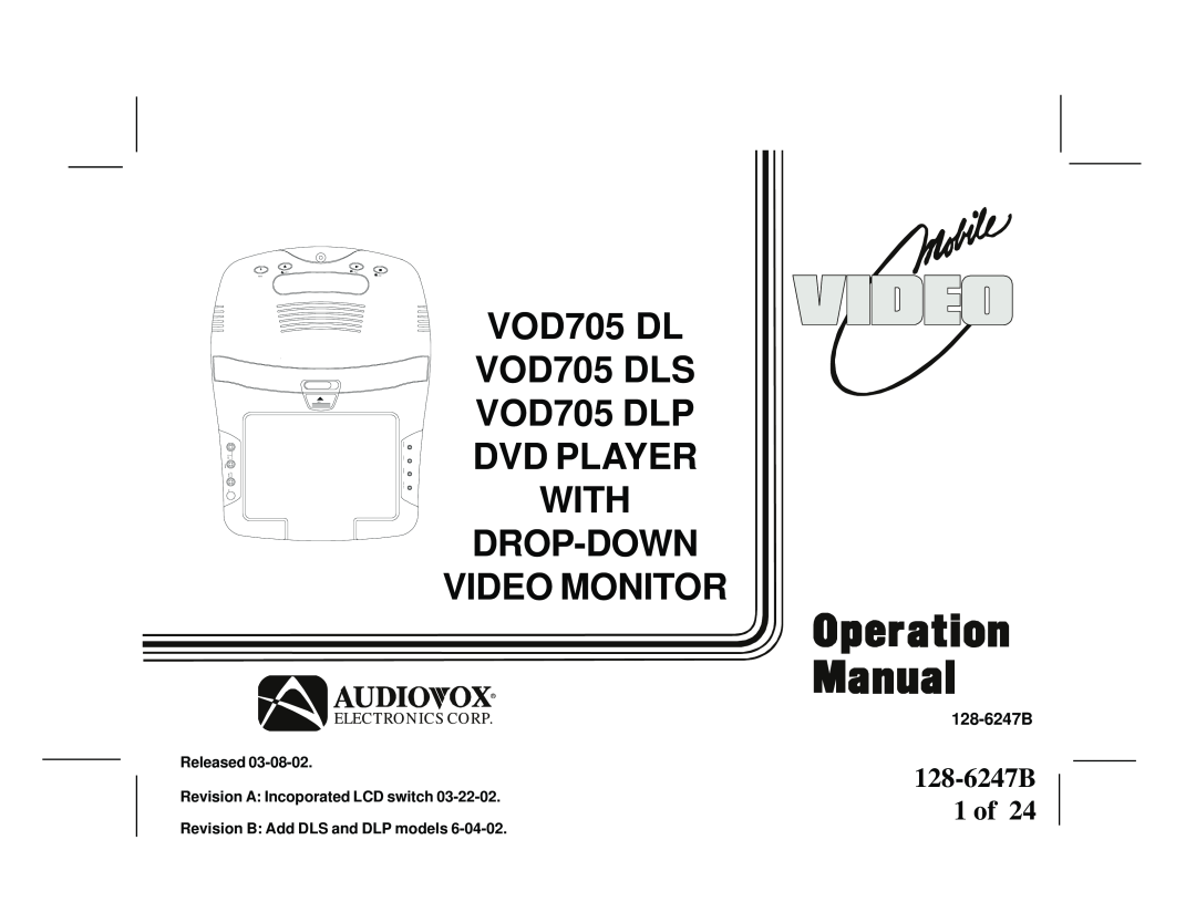 Audiovox VOD705DLS manual 128-6247B 1 of, VOD705 DLS VOD705 DLP DVD PLAYER WITH DROP-DOWN VIDEO MONITOR, Stop, Audio 