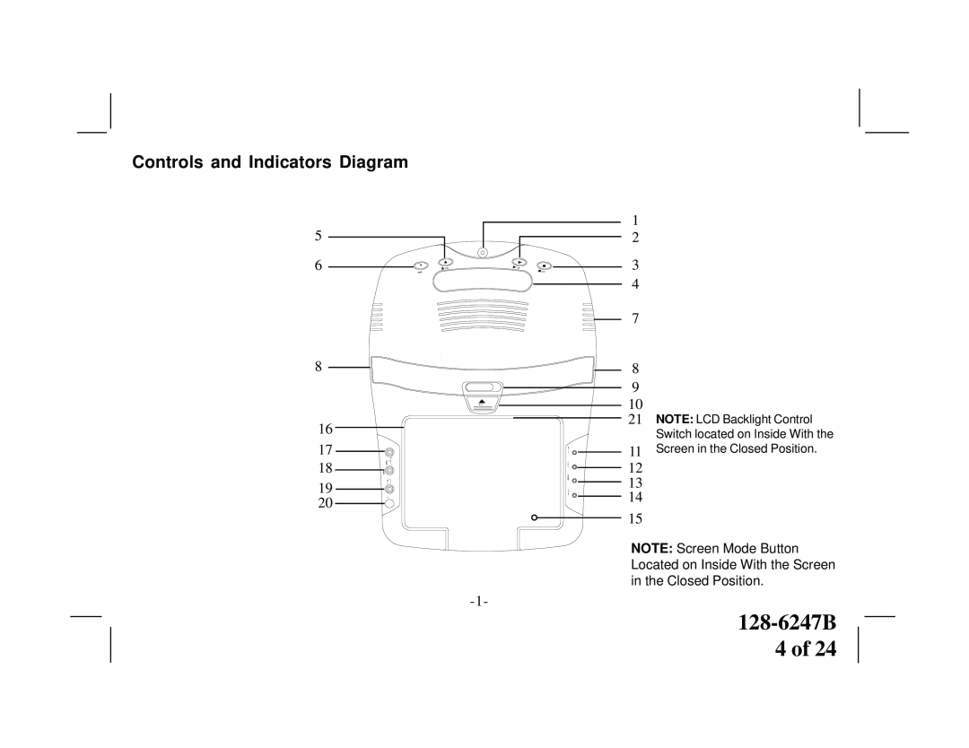 Audiovox VOD705DLS, VOD705DLP manual 128-6247B 4 of, Controls and Indicators Diagram, Screen in the Closed Position 