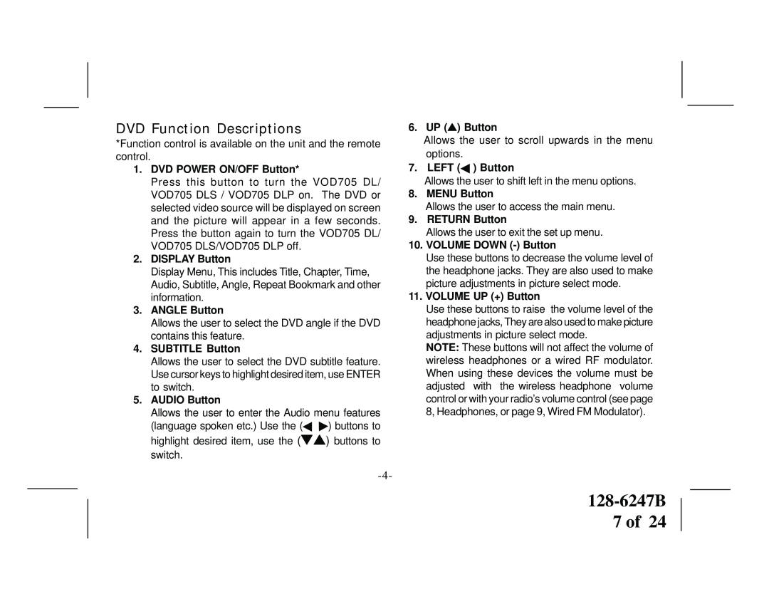 Audiovox VOD705DLS, VOD705DLP manual 128-6247B 7 of, DVD Function Descriptions 