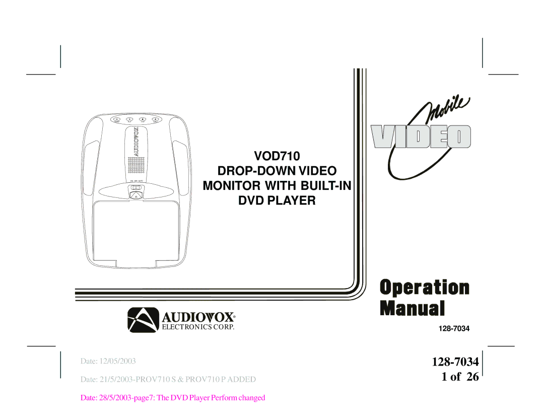 Audiovox VOD710 manual VOD705, 128-7034 