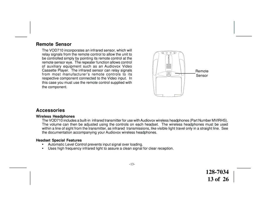 Audiovox VOD710 manual Remote Sensor, Accessories, Wireless Headphones, Headset Special Features 