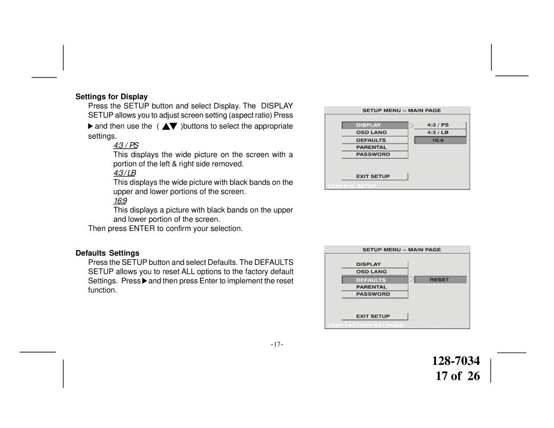 Audiovox VOD710 manual Settings for Display, Defaults Settings 