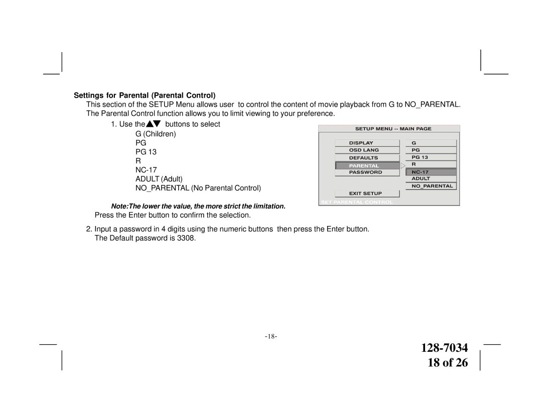 Audiovox VOD710 manual Settings for Parental Parental Control 