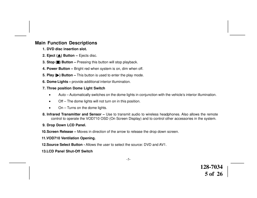 Audiovox VOD710 manual Main Function Descriptions 