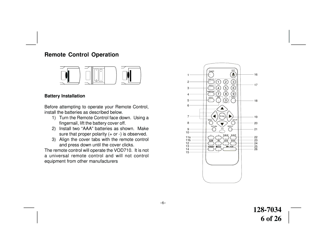 Audiovox VOD710 manual Remote Control Operation, Battery Installation 