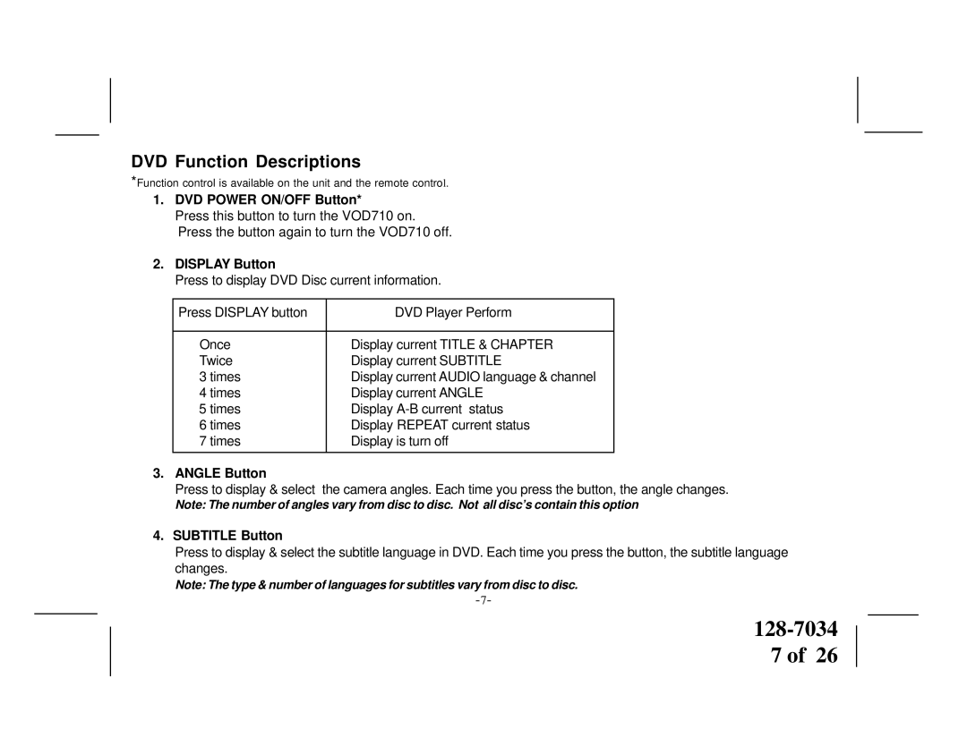 Audiovox VOD710 manual DVD Function Descriptions, DVD Power ON/OFF Button, Display Button, Angle Button, Subtitle Button 