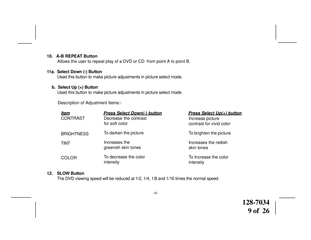 Audiovox VOD710 manual B Repeat Button, 11a. Select Down Button, Select Up + Button, Slow Button 