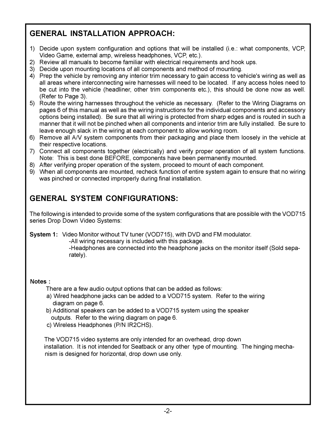 Audiovox VOD715 manual General Installation Approach, General System Configurations 