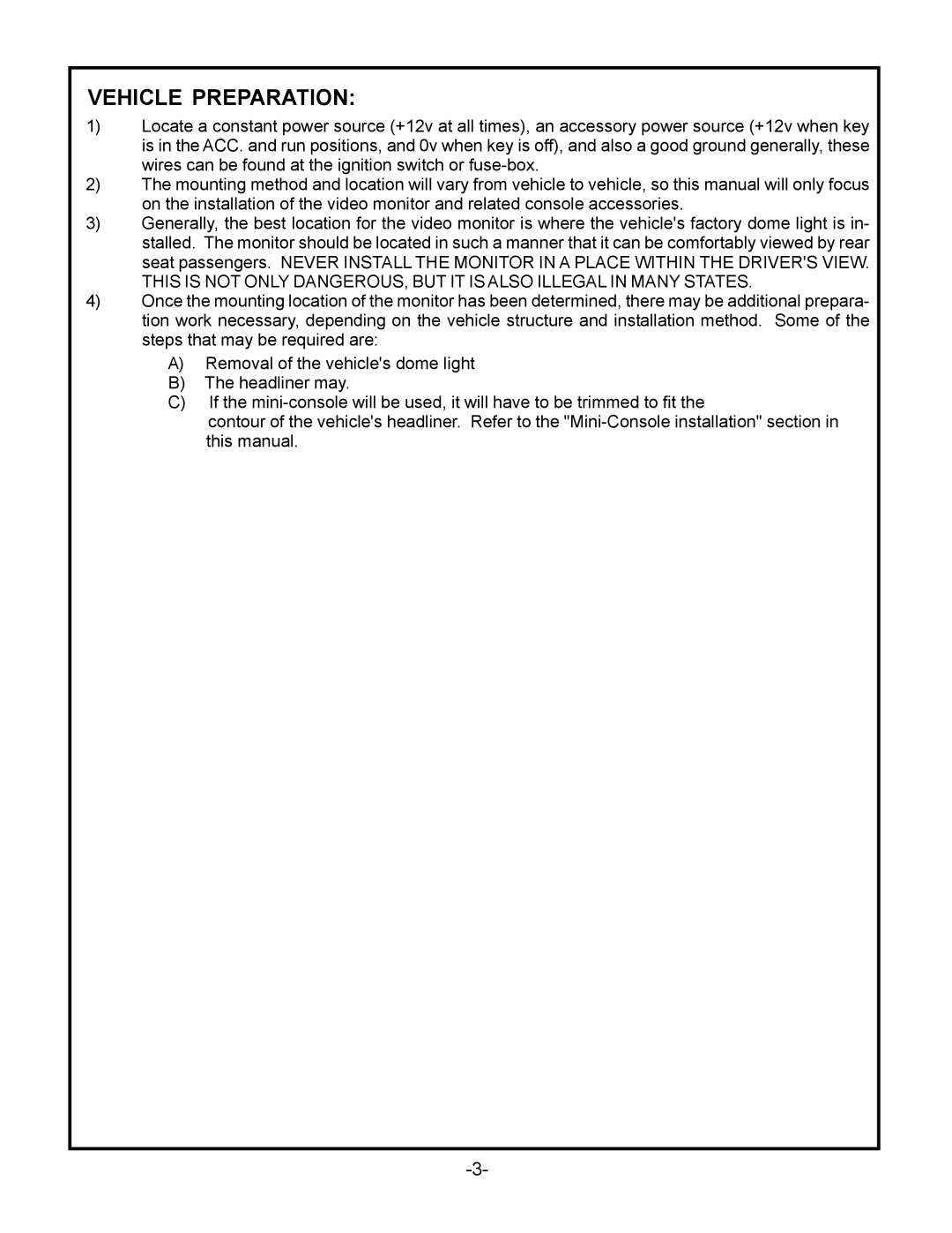 Audiovox VOD715 manual Vehicle Preparation 