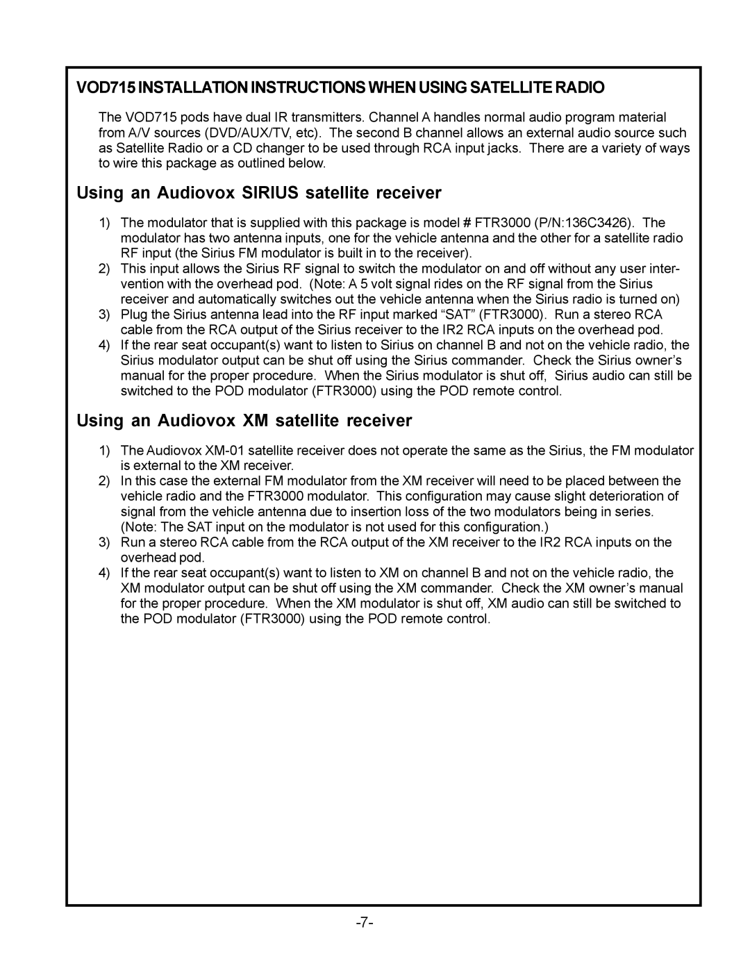 Audiovox VOD715 manual Using an Audiovox Sirius satellite receiver 