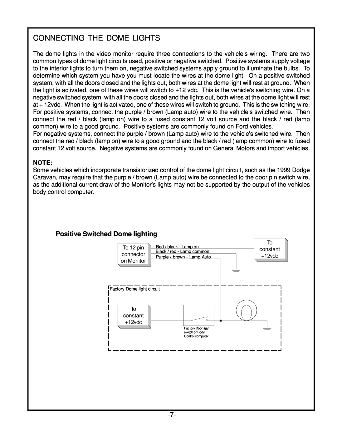 Audiovox VOD806 owner manual Connecting The Dome Lights, Positive Switched Dome lighting 