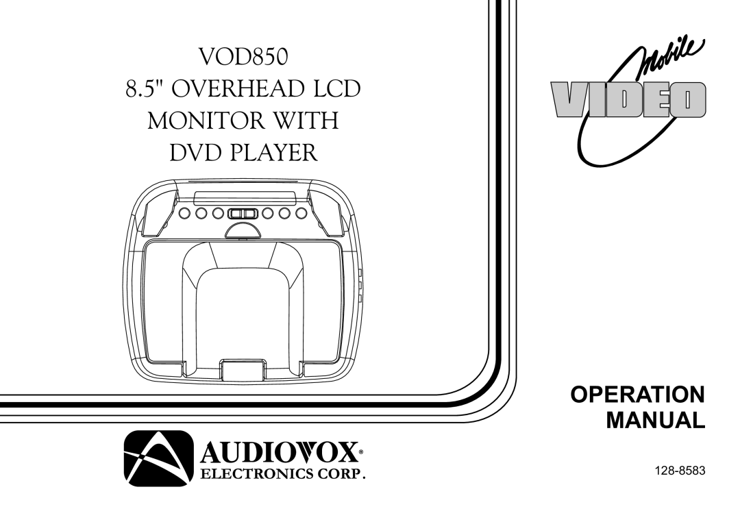 Audiovox VOD850 operation manual Overhead LCD Monitor with DVD Player 