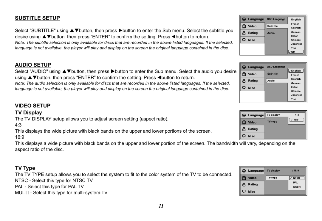 Audiovox VOD850 operation manual Subtitle Setup, Audio Setup, Video Setup, TV Display, TV Type 