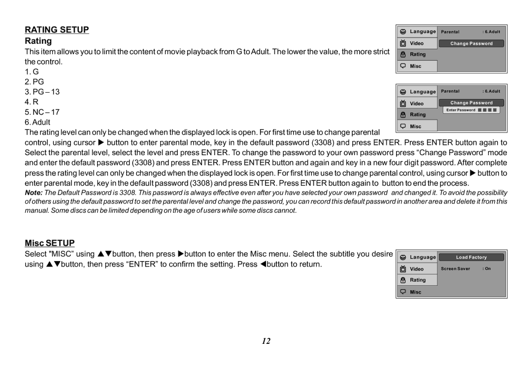 Audiovox VOD850 operation manual Rating Setup, Misc Setup 