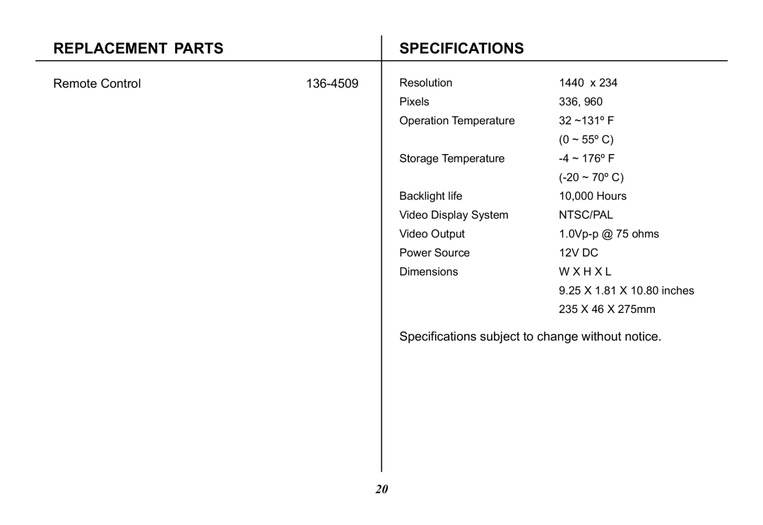 Audiovox VOD850 operation manual Replacement Parts Specifications, Remote Control 136-4509 