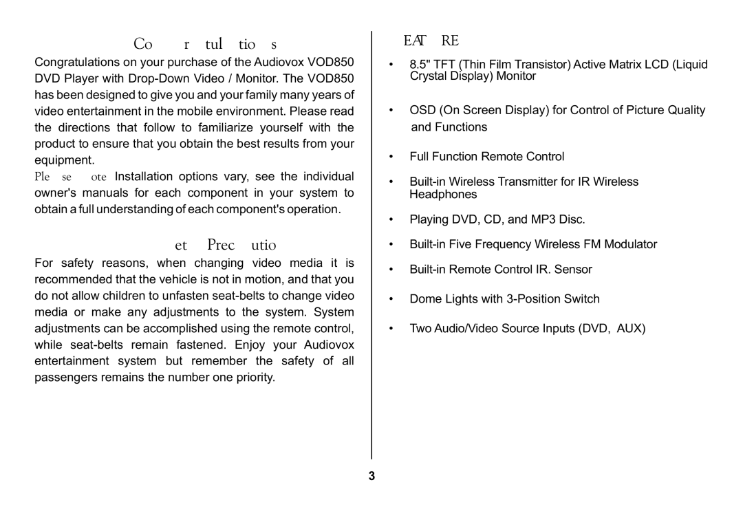 Audiovox VOD850 operation manual Congratulations, Features 