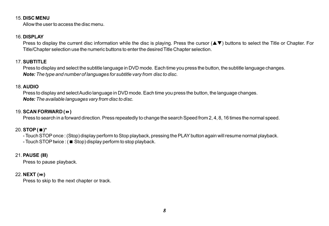 Audiovox VOD850 operation manual Disc Menu, Display, Subtitle, Audio, Scan Forward 