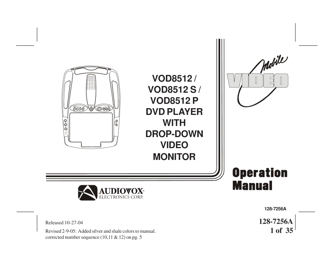 Audiovox VOD8512 S, VOD8512 P manual 128-7256A 