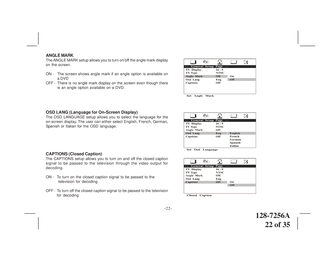 Audiovox VOD8512 S, VOD8512 P manual Angle Mark, OSD Lang Language for On-Screen Display, Captions Closed Caption 