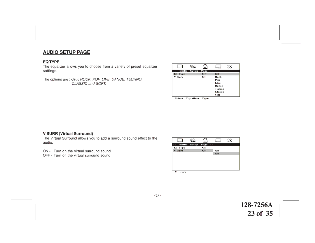 Audiovox VOD8512 P, VOD8512 S manual EQ Type, Surr Virtual Surround 