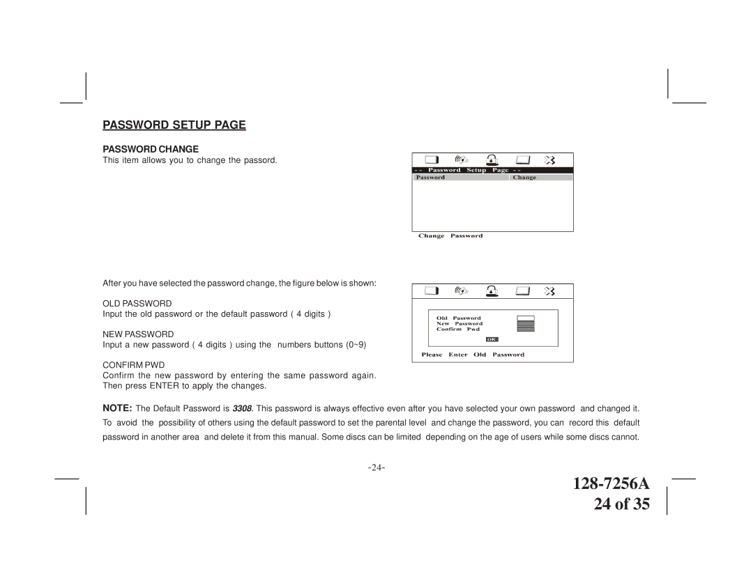 Audiovox VOD8512 S, VOD8512 P manual Password Setup, Password Change 