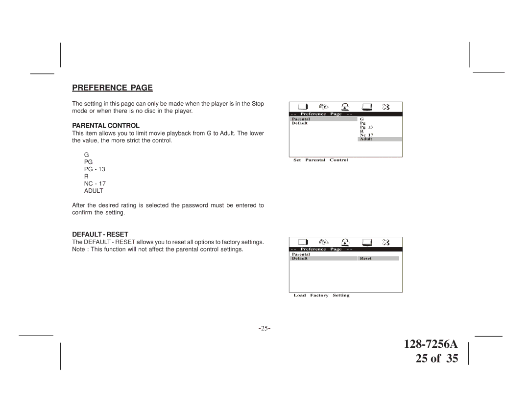 Audiovox VOD8512 S, VOD8512 P manual Parental Control, Default Reset 