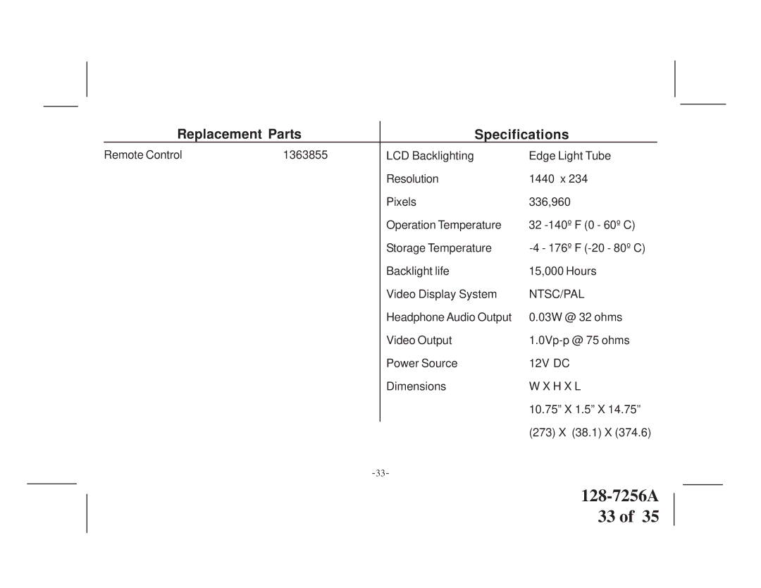 Audiovox VOD8512 S, VOD8512 P manual Replacement Parts Specifications, Ntsc/Pal 