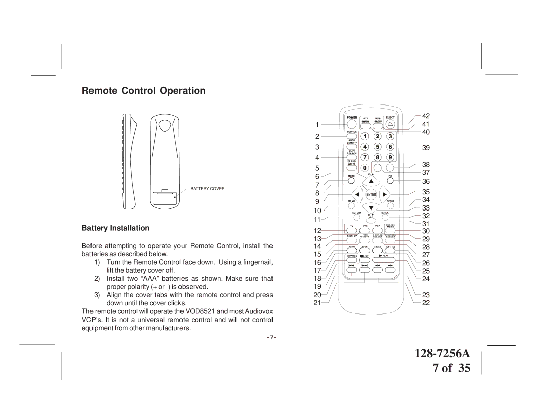 Audiovox VOD8512 S, VOD8512 P manual Remote Control Operation, Battery Installation 