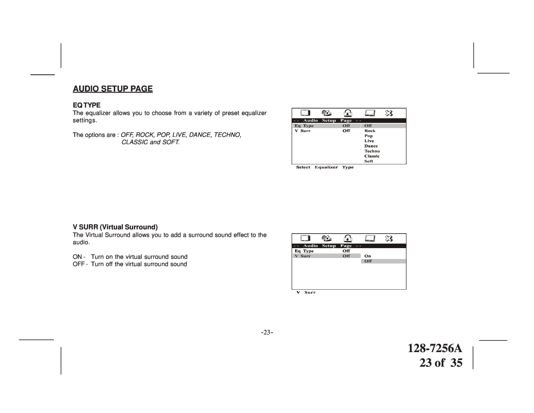 Audiovox VOD8512 P, VOD8512 S manual 128-7256A 23 of, Audio Setup Page, Eq Type, V SURR Virtual Surround 