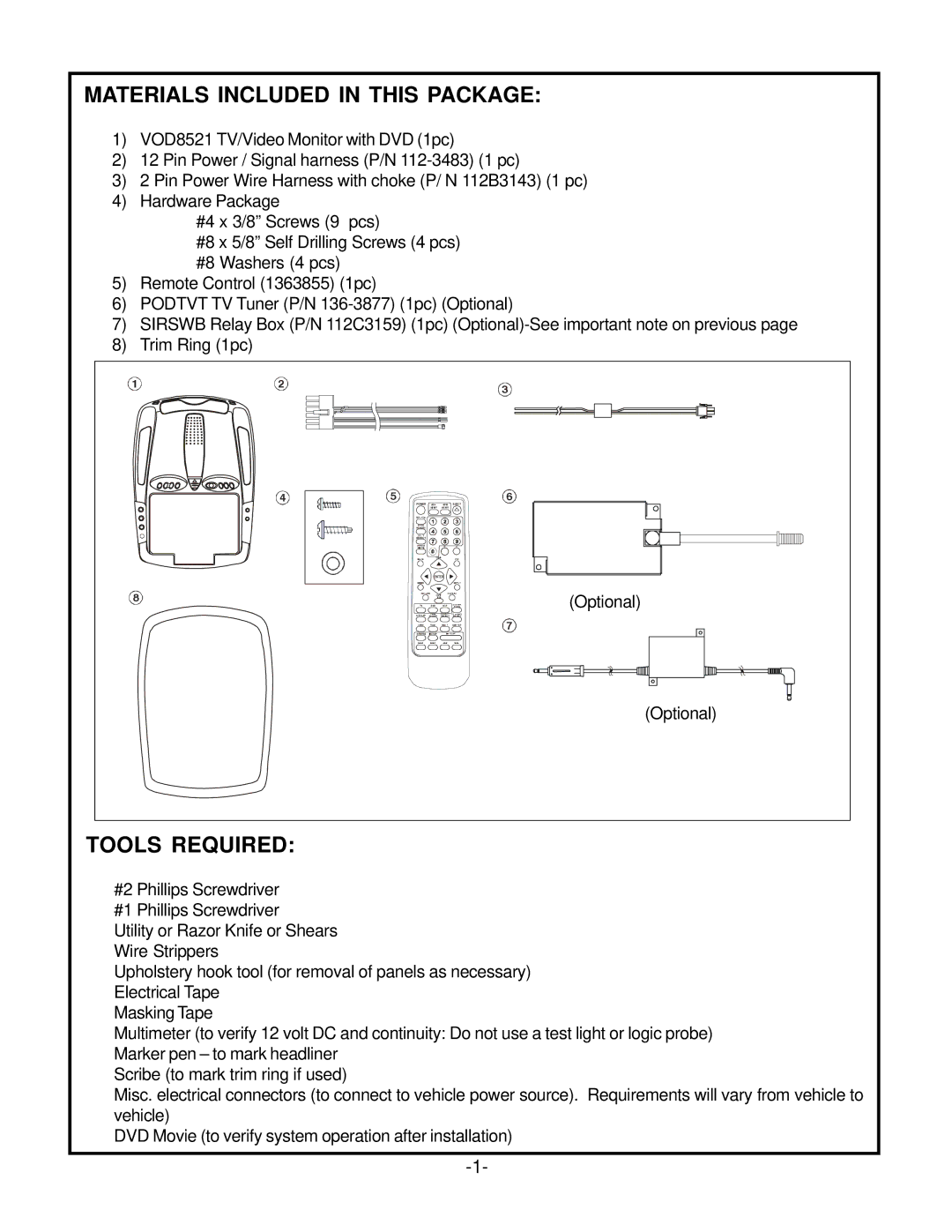 Audiovox VOD8521P, VOD8521S manual Materials Included in this Package, Tools Required 