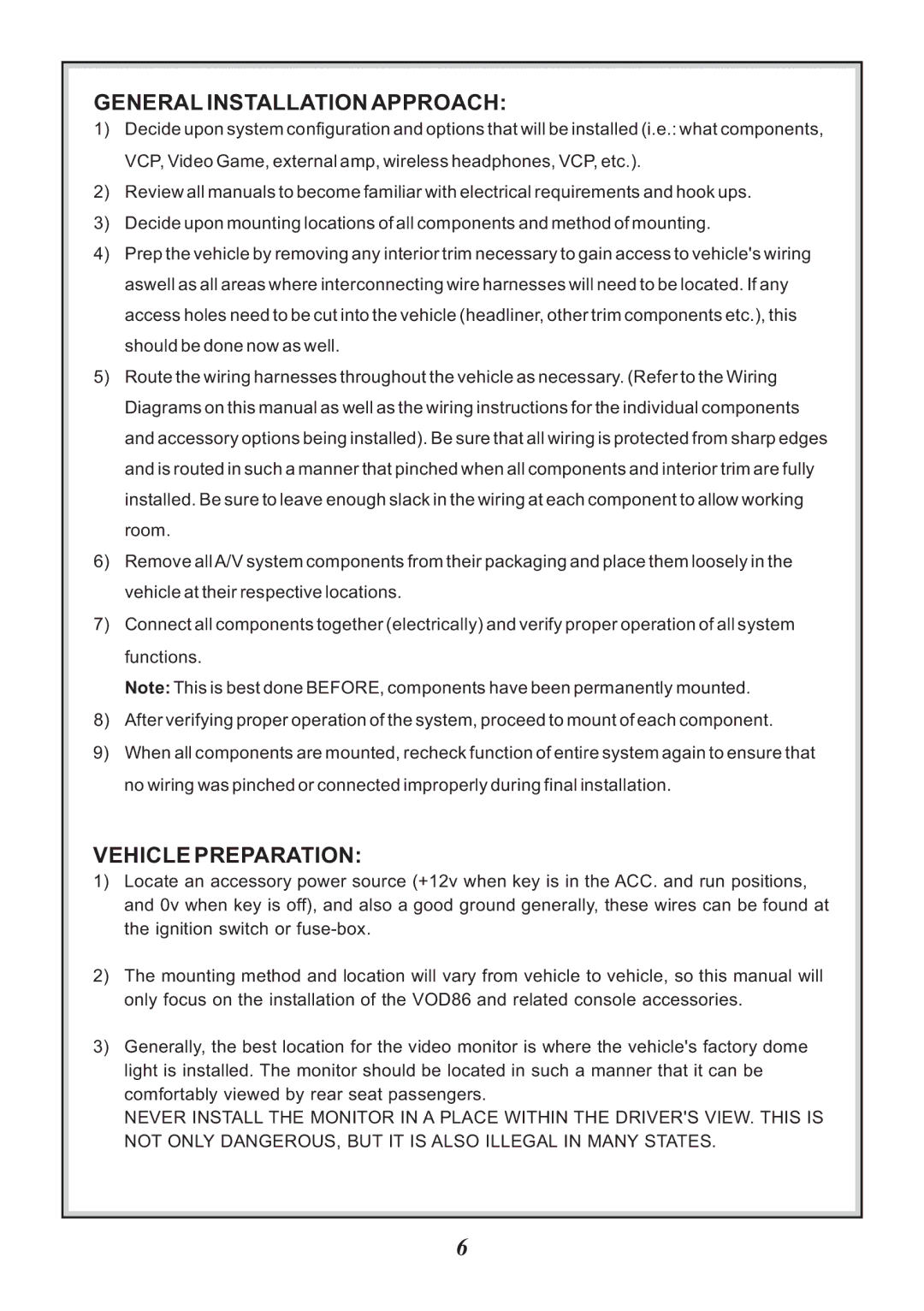 Audiovox VOD86 manual General Installation Approach, Vehicle Preparation 