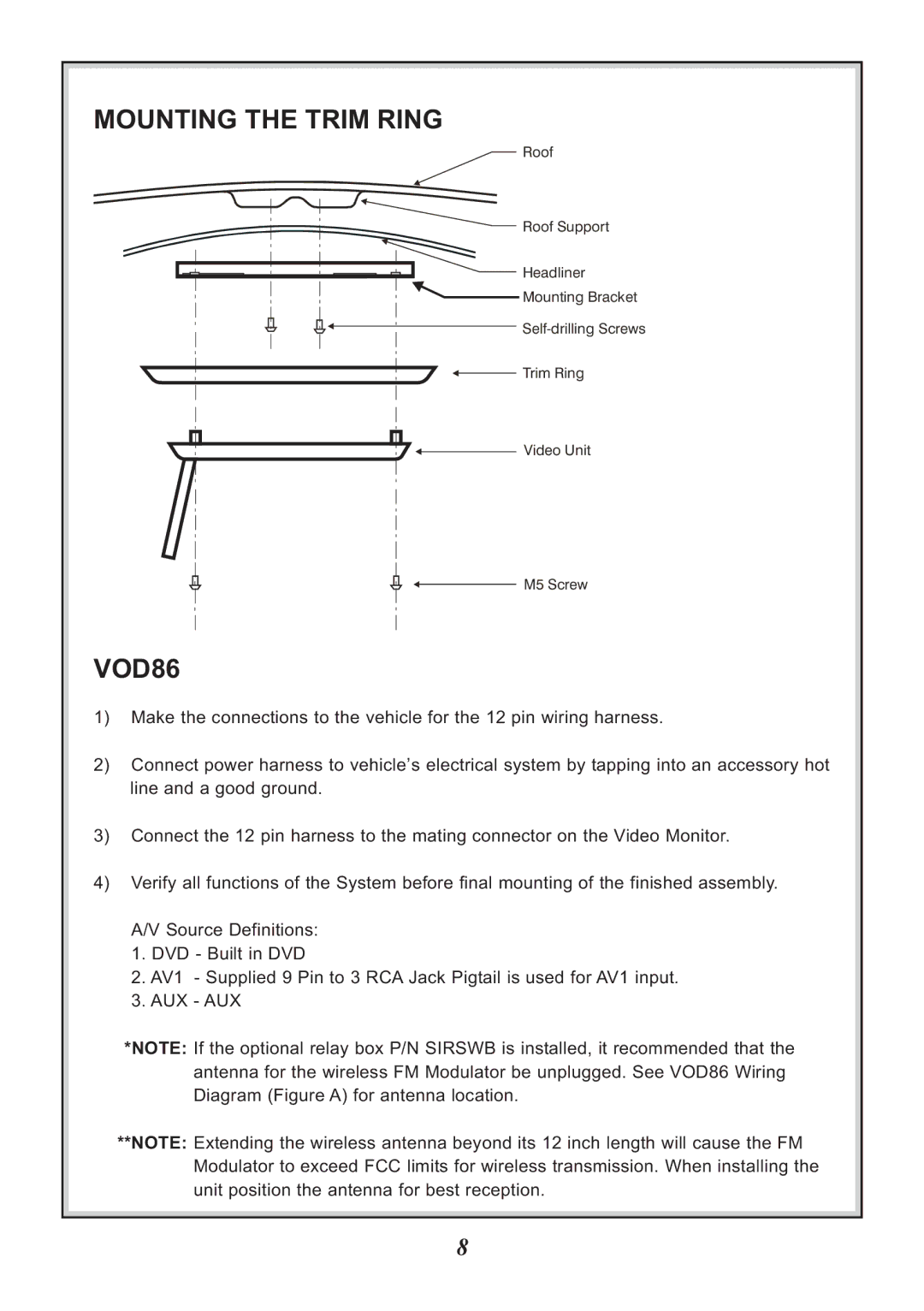 Audiovox VOD86 manual Mounting the Trim Ring 