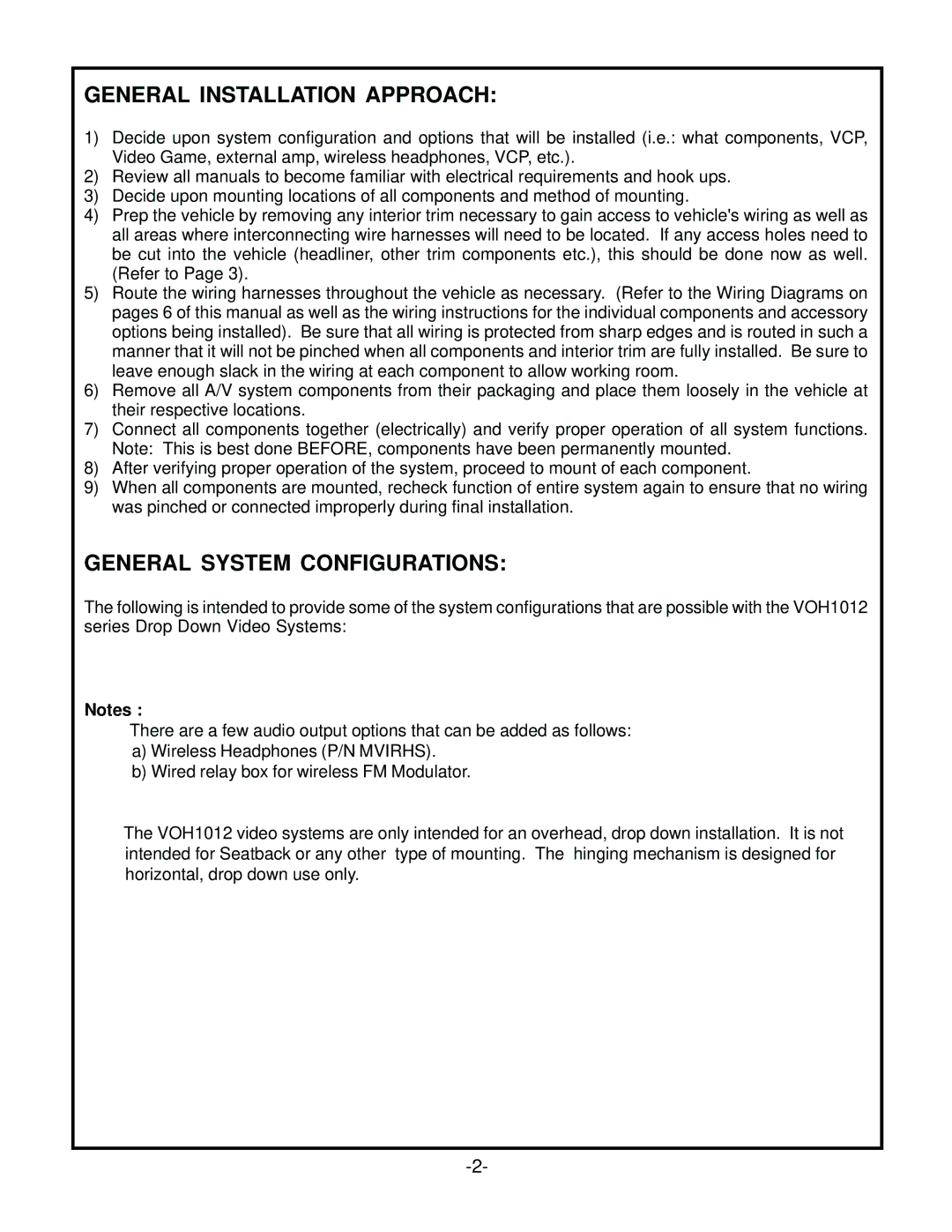 Audiovox VOH1012 S, VOH1012P manual General Installation Approach, General System Configurations 