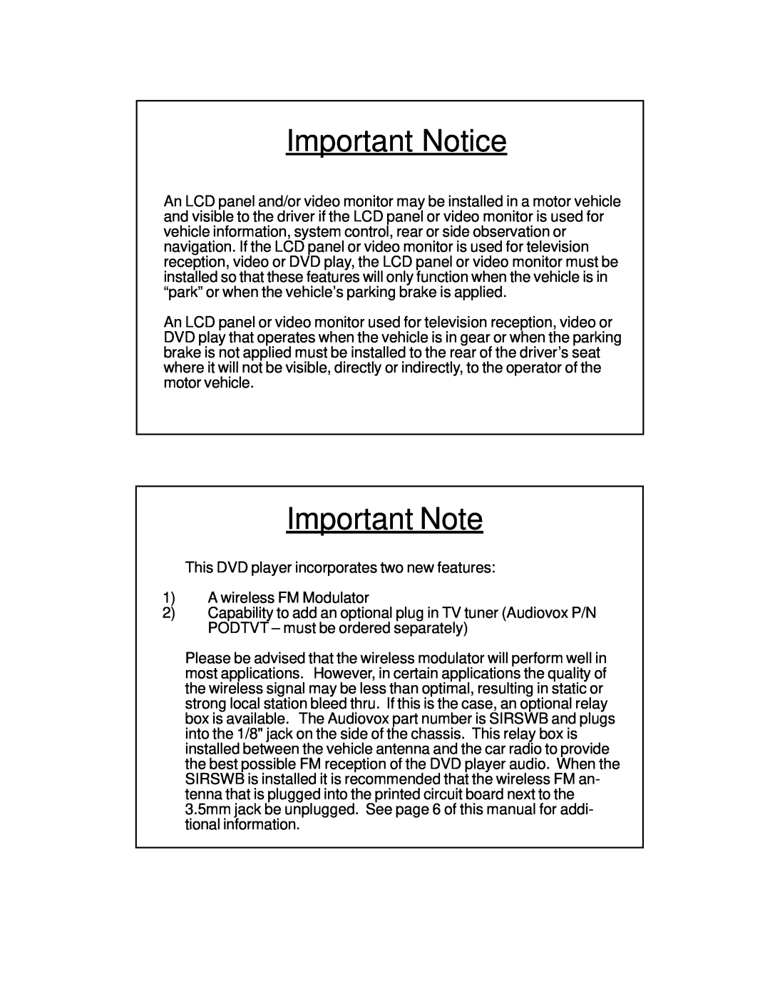 Audiovox VOH1012P, VOH1012 S manual Important Notice, Important Note 