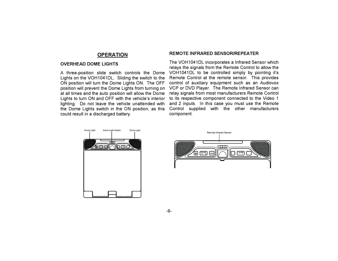 Audiovox VOH1041DL manual Operation, Overhead Dome Lights, Remote Infrared SENSOR/REPEATER 