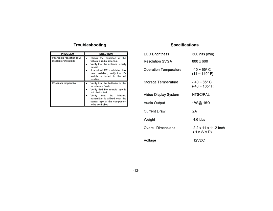 Audiovox VOH1041DL manual Troubleshooting Specifications, Solution 