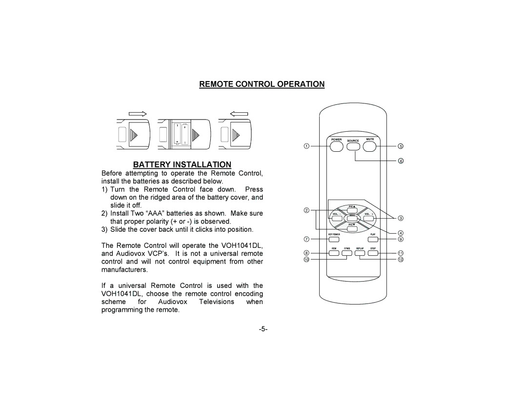 Audiovox VOH1041DL manual Remote Control Operation Battery Installation 