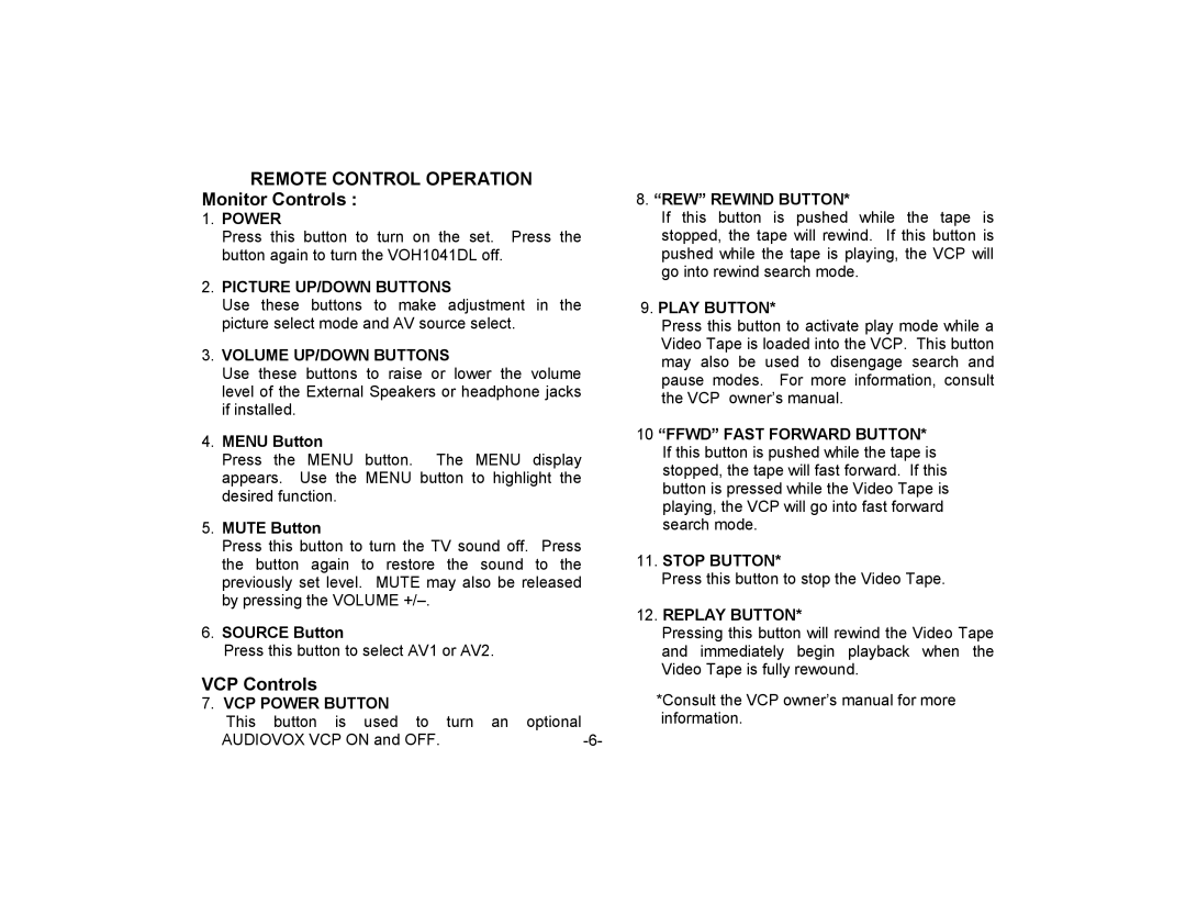 Audiovox VOH1041DL manual Remote Control Operation Monitor Controls, VCP Controls 