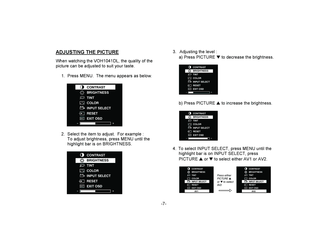 Audiovox VOH1041DL manual Adjusting the Picture, Press MENU. The menu appears as below 