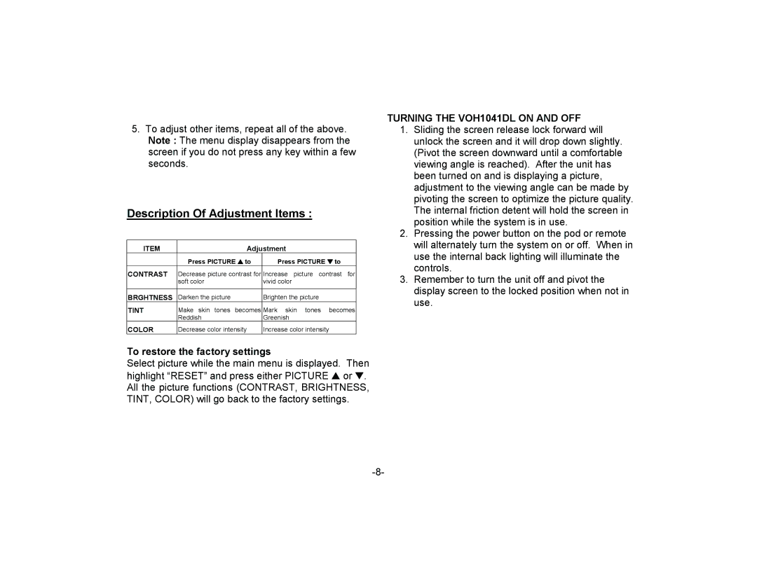 Audiovox manual Description Of Adjustment Items, Turning the VOH1041DL on and OFF, To restore the factory settings 