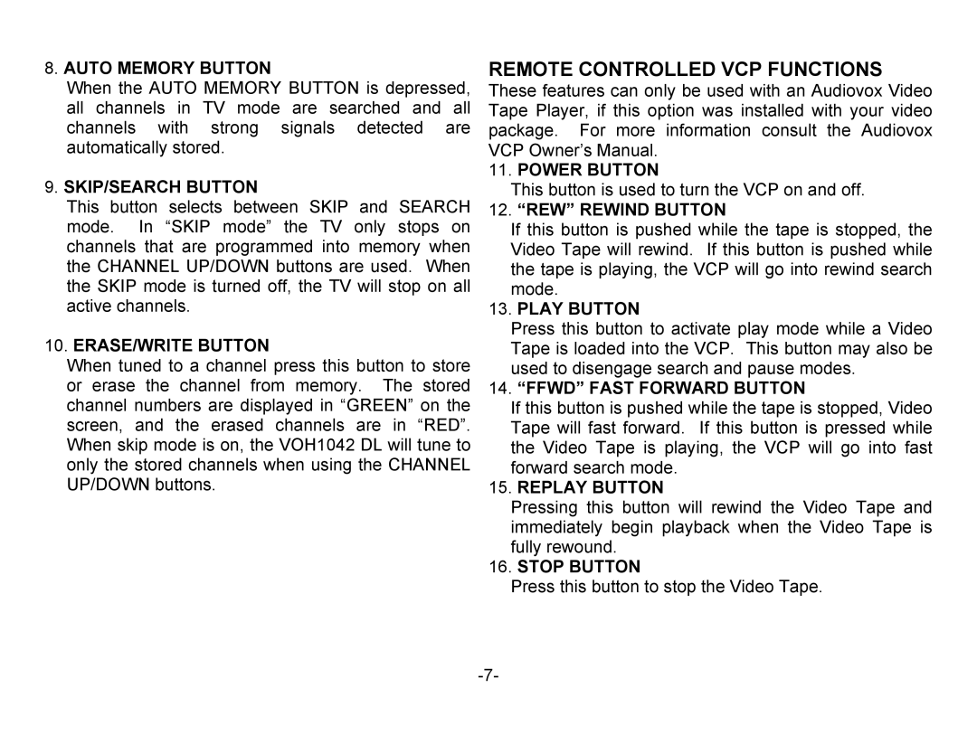 Audiovox VOH1042 DL owner manual Remote Controlled VCP Functions 